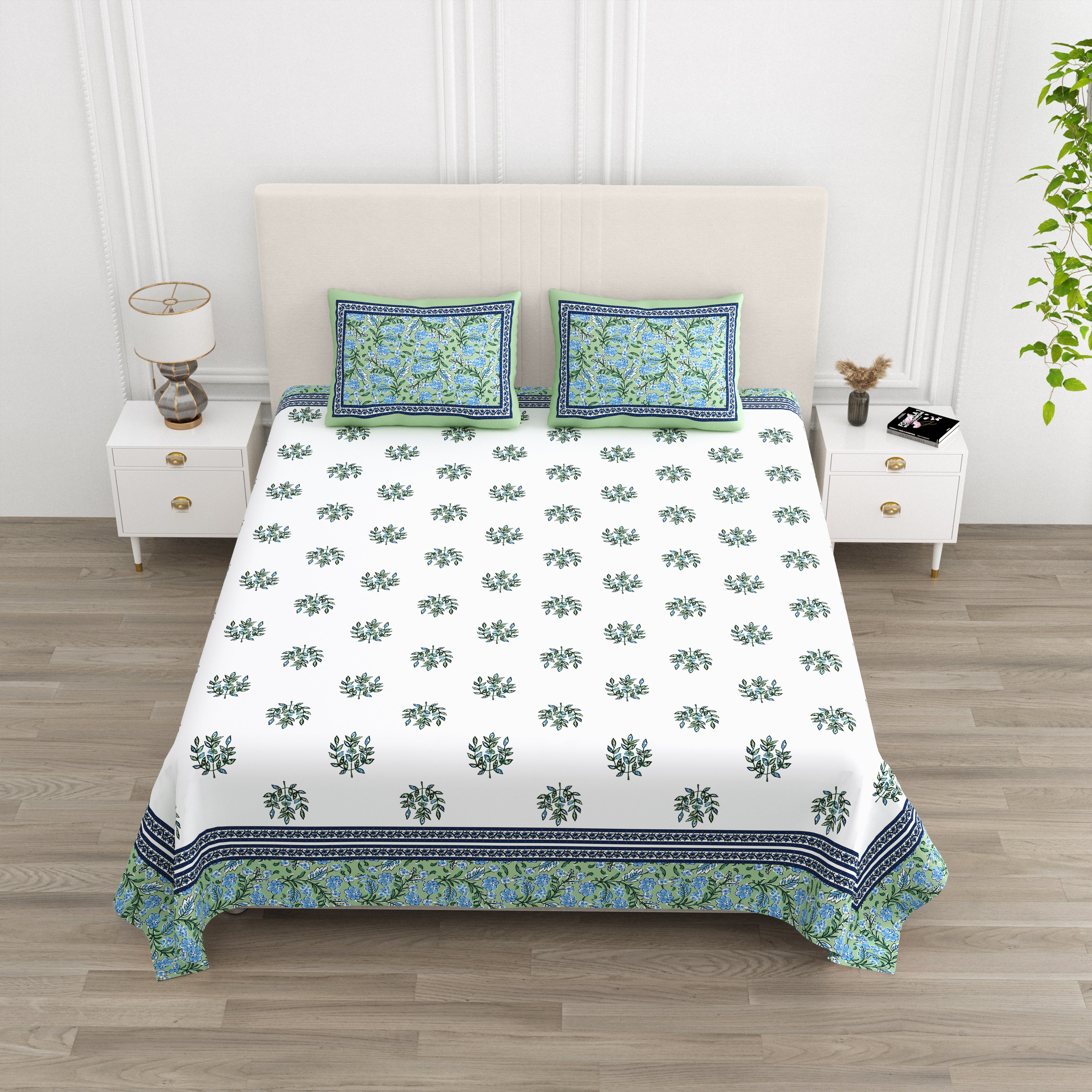 Green Blue Floral Print King size bedsheet