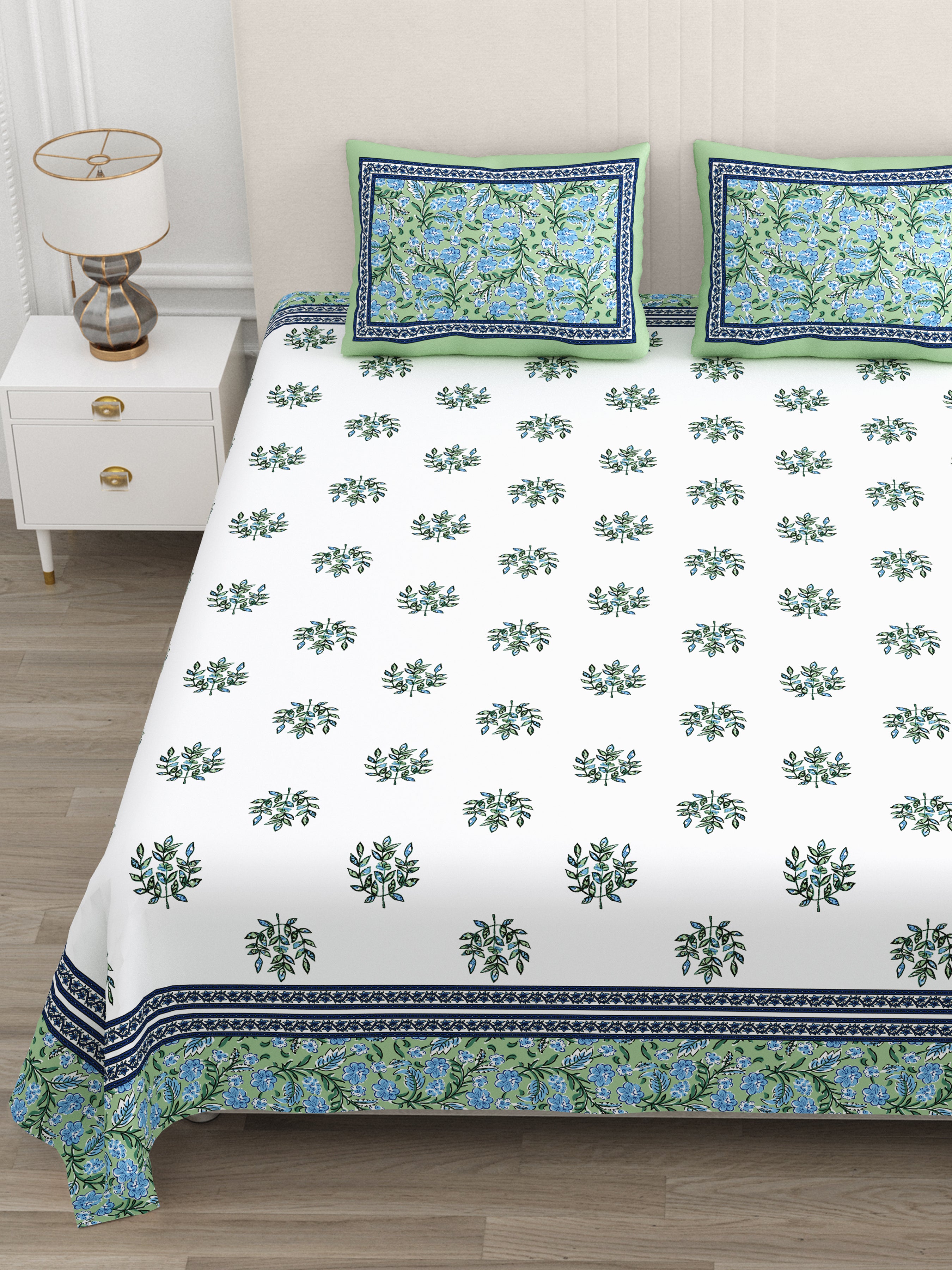Green Blue Floral Print King size bedsheet
