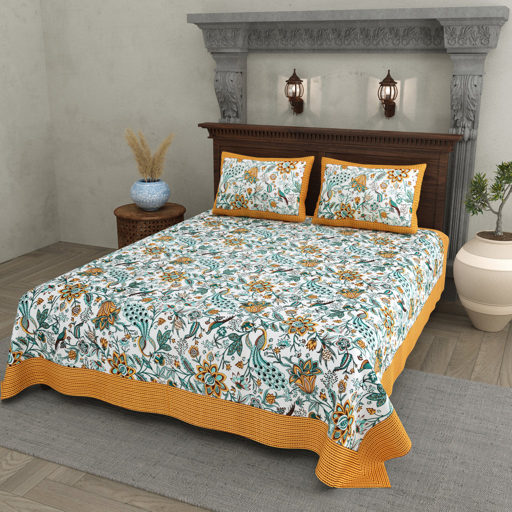 Mustard Yellow Jaipuri Floral & Peacock Print Cotton Bedsheet