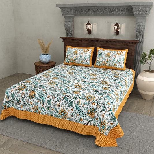 Mustard Yellow Jaipuri Floral & Peacock Print Cotton Bedsheet