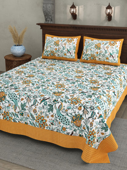 Mustard Yellow Jaipuri Floral & Peacock Print Cotton Bedsheet