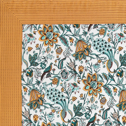Mustard Yellow Jaipuri Floral & Peacock Print Cotton Bedsheet