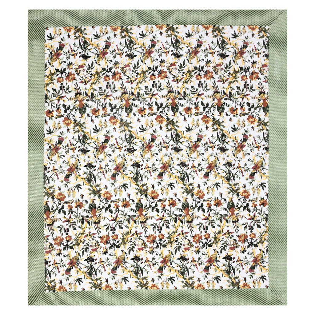 Tropical Bird & Floral Cotton Bedsheet – Green Border