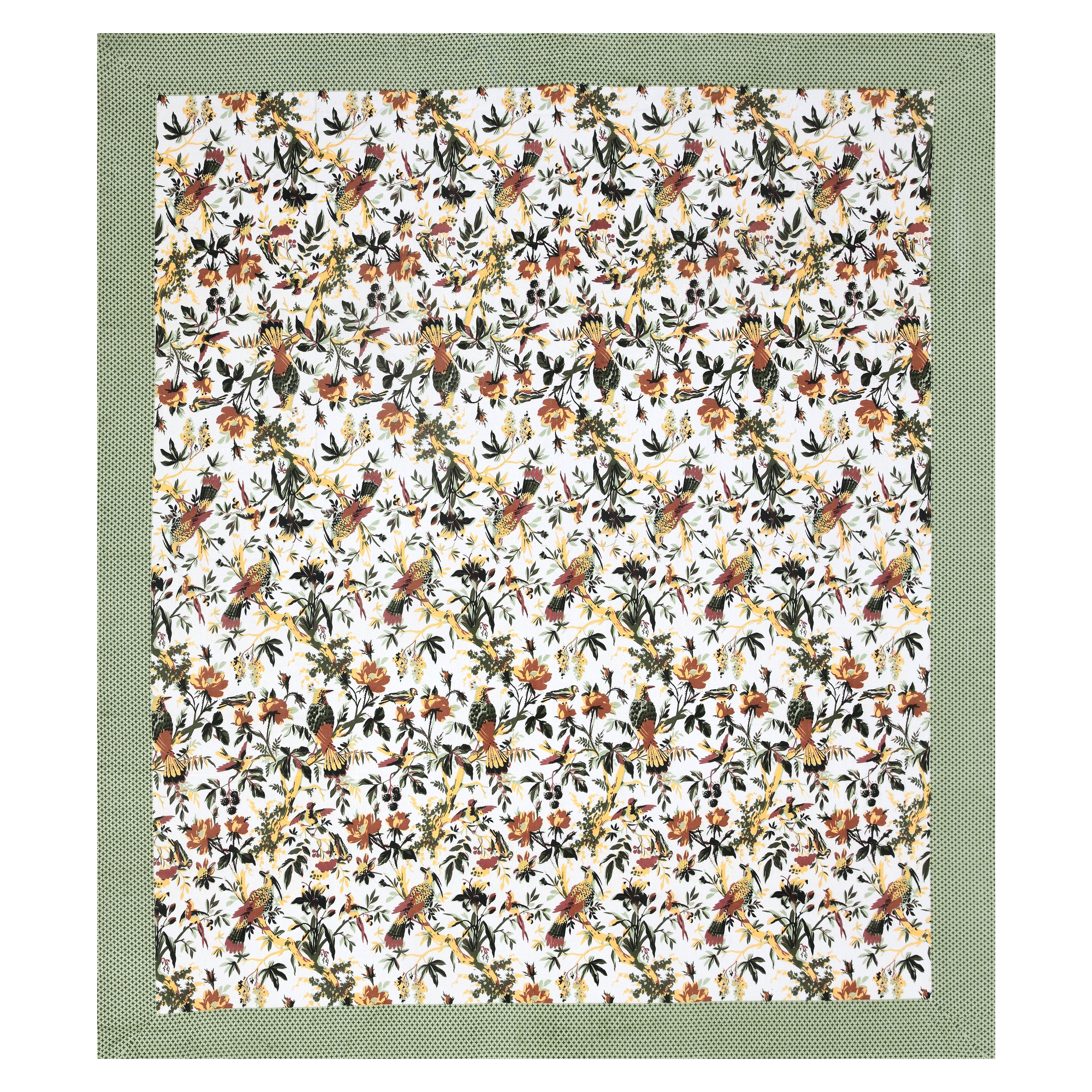 Tropical Bird & Floral Cotton Bedsheet – Green Border