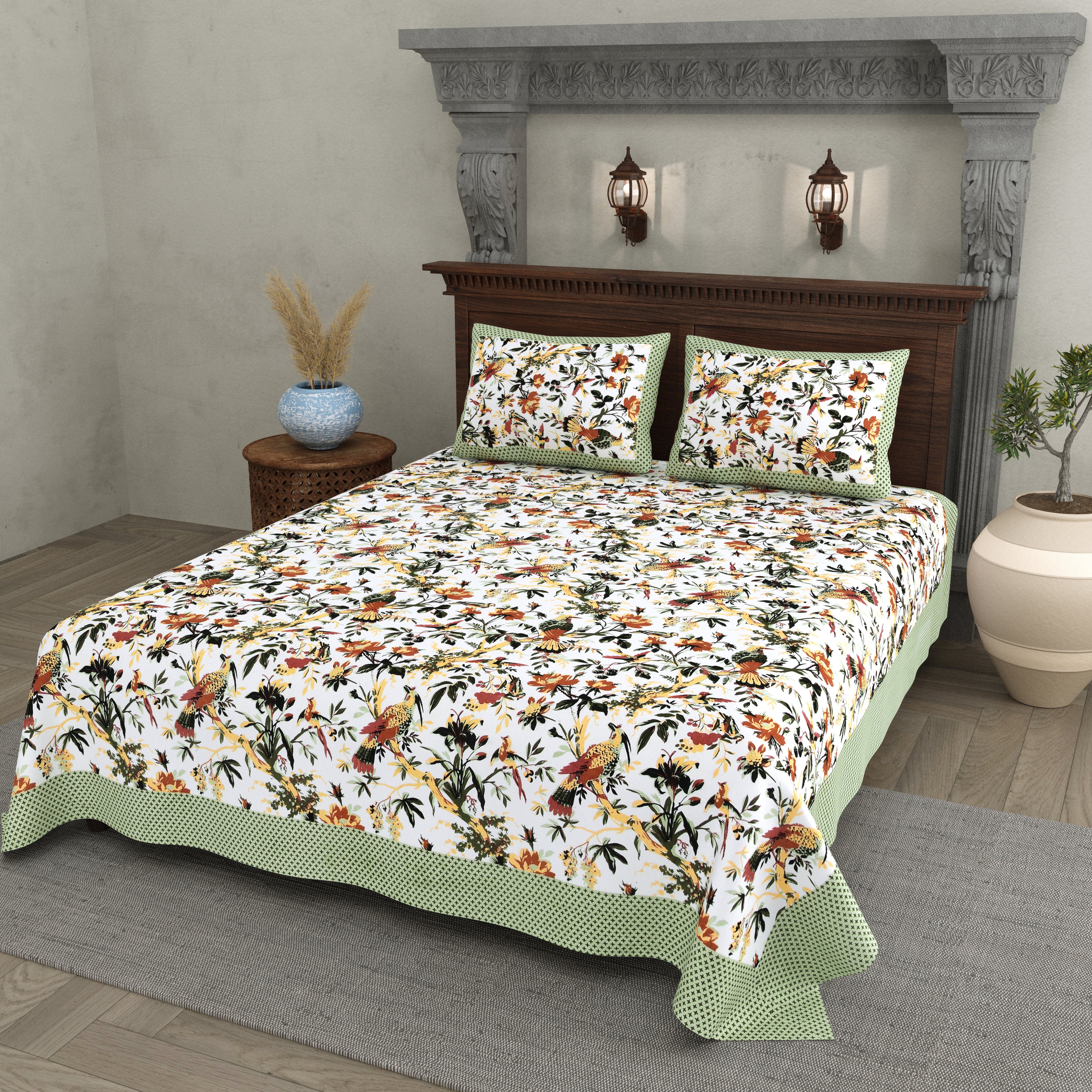 Tropical Bird & Floral Cotton Bedsheet – Green Border