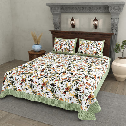Tropical Bird & Floral Cotton Bedsheet – Green Border