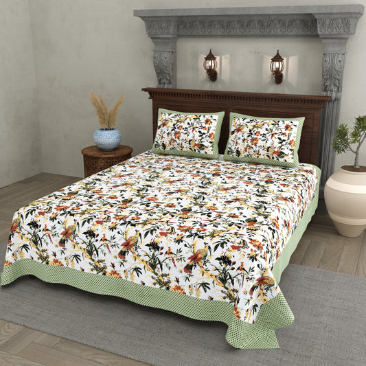 Tropical Bird & Floral Cotton Bedsheet – Green Border