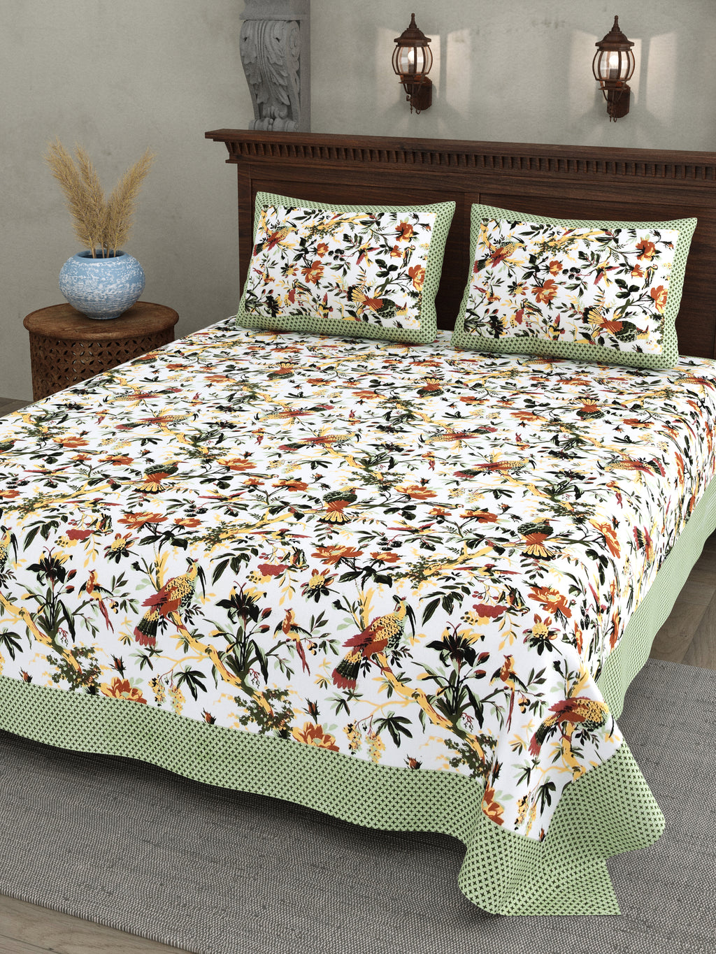 Tropical Bird & Floral Cotton Bedsheet – Green Border