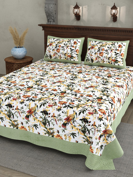 Tropical Bird & Floral Cotton Bedsheet – Green Border