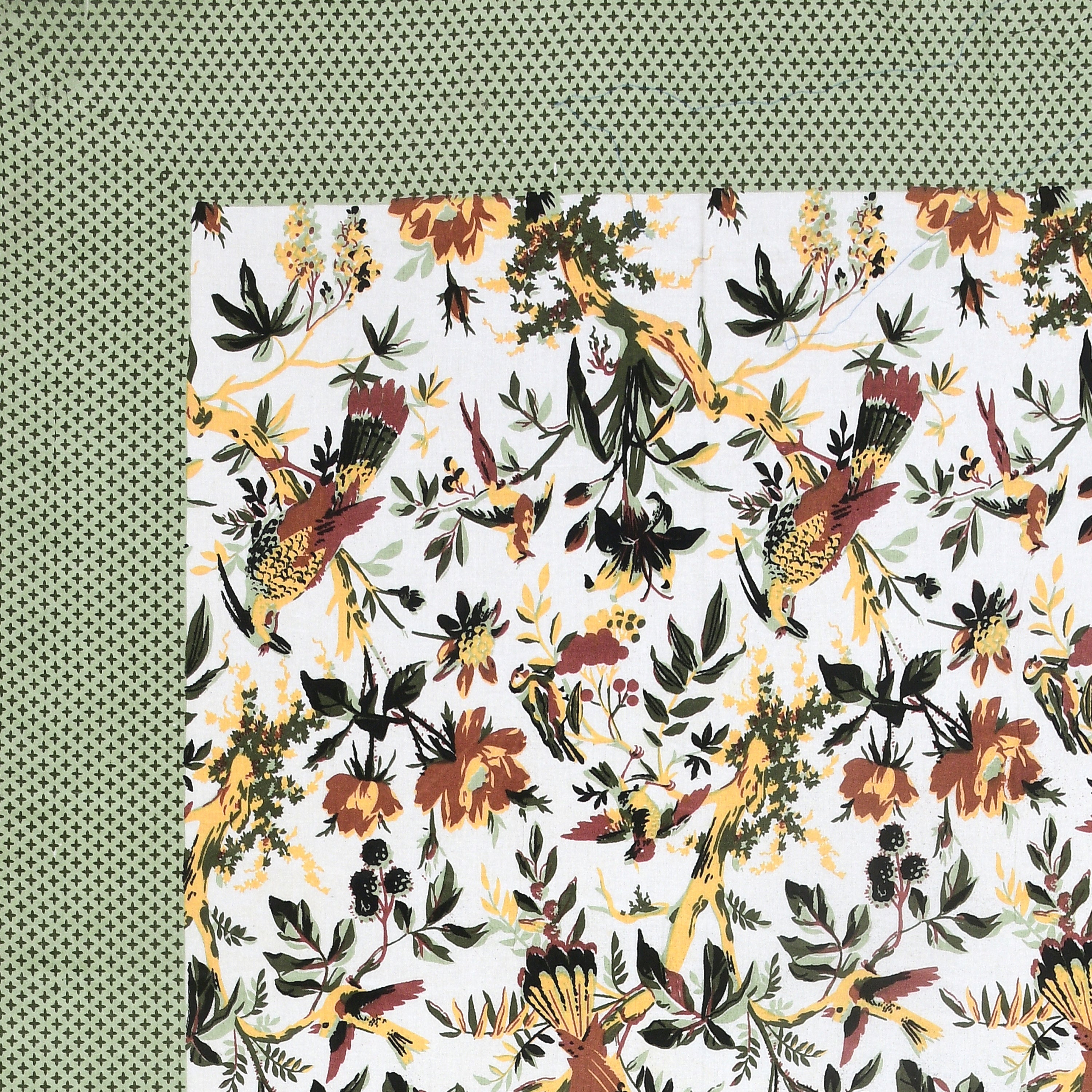Tropical Bird & Floral Cotton Bedsheet – Green Border