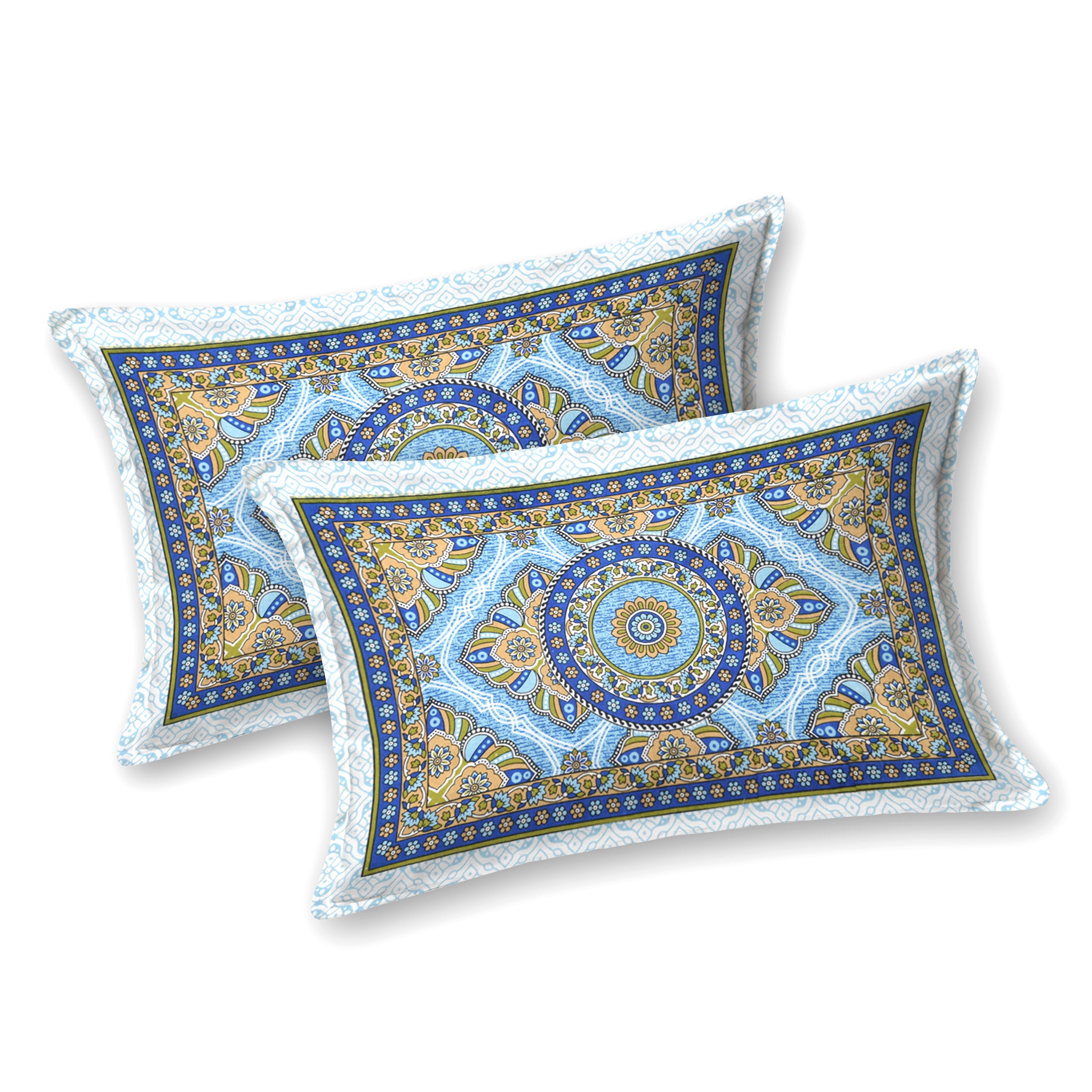 Mandala Art Cotton Bedsheet – Azure & Olive Royal Mosaic