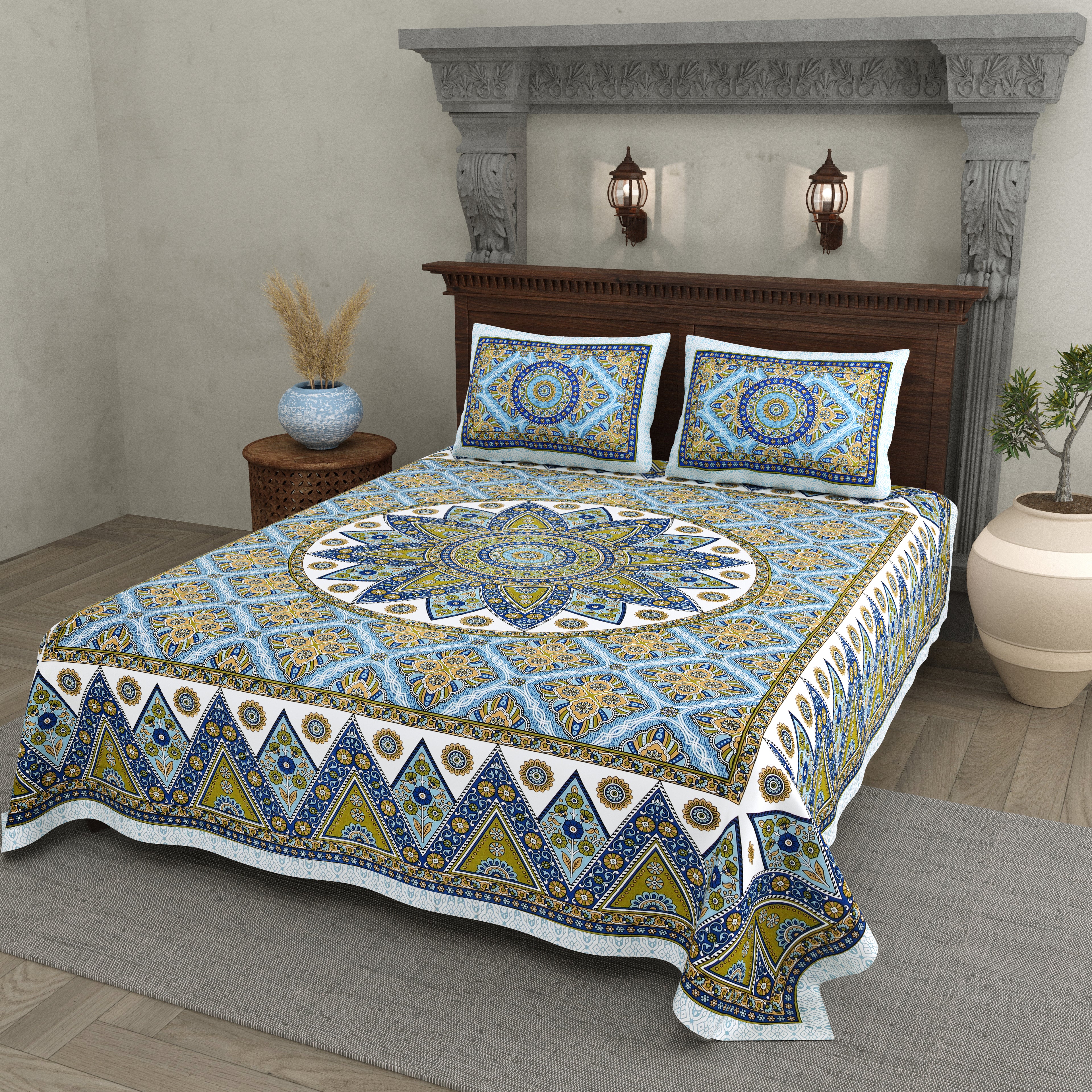 Mandala Art Cotton Bedsheet – Azure & Olive Royal Mosaic
