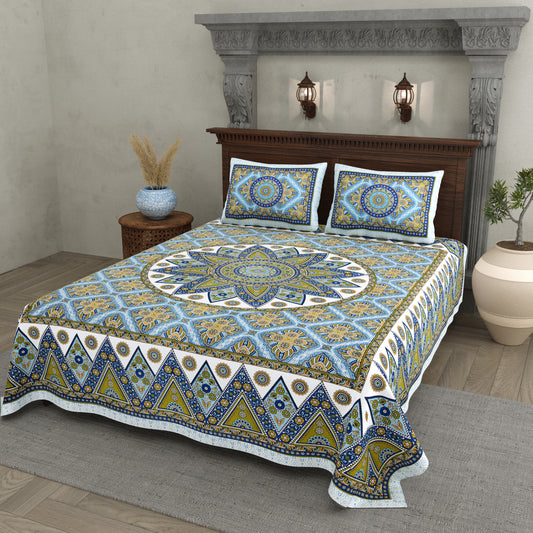 Mandala Art Cotton Bedsheet – Azure & Olive Royal Mosaic