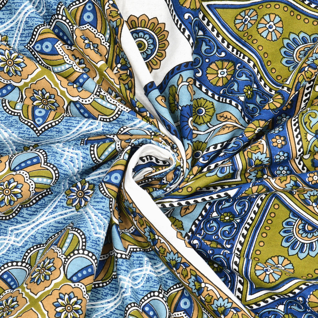 Mandala Art Cotton Bedsheet – Azure & Olive Royal Mosaic