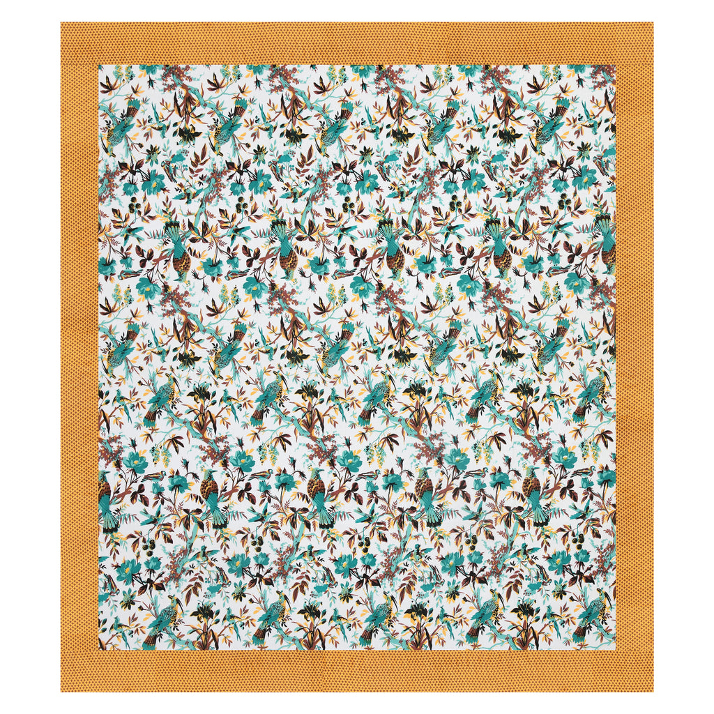 Luxury Floral Paradise Bedsheet – Mustard Border, Teal Flowers