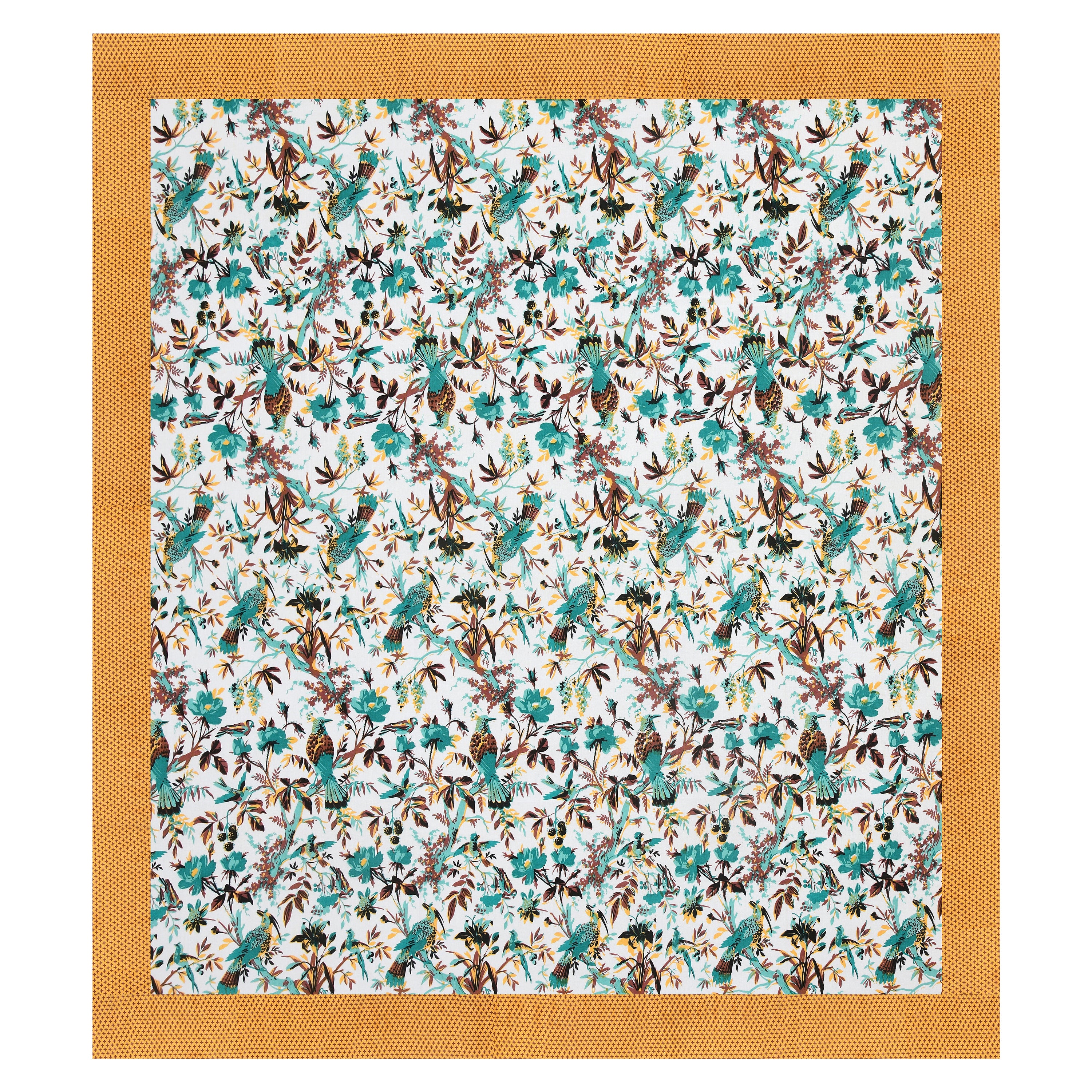 Luxury Floral Paradise Bedsheet – Mustard Border, Teal Flowers