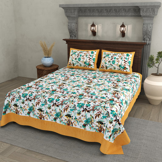 Luxury Floral Paradise Bedsheet – Mustard Border, Teal Flowers