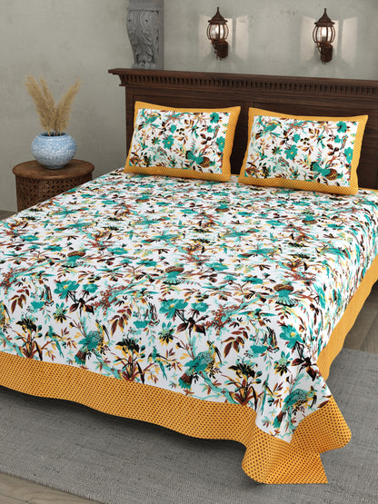 Luxury Floral Paradise Bedsheet – Mustard Border, Teal Flowers