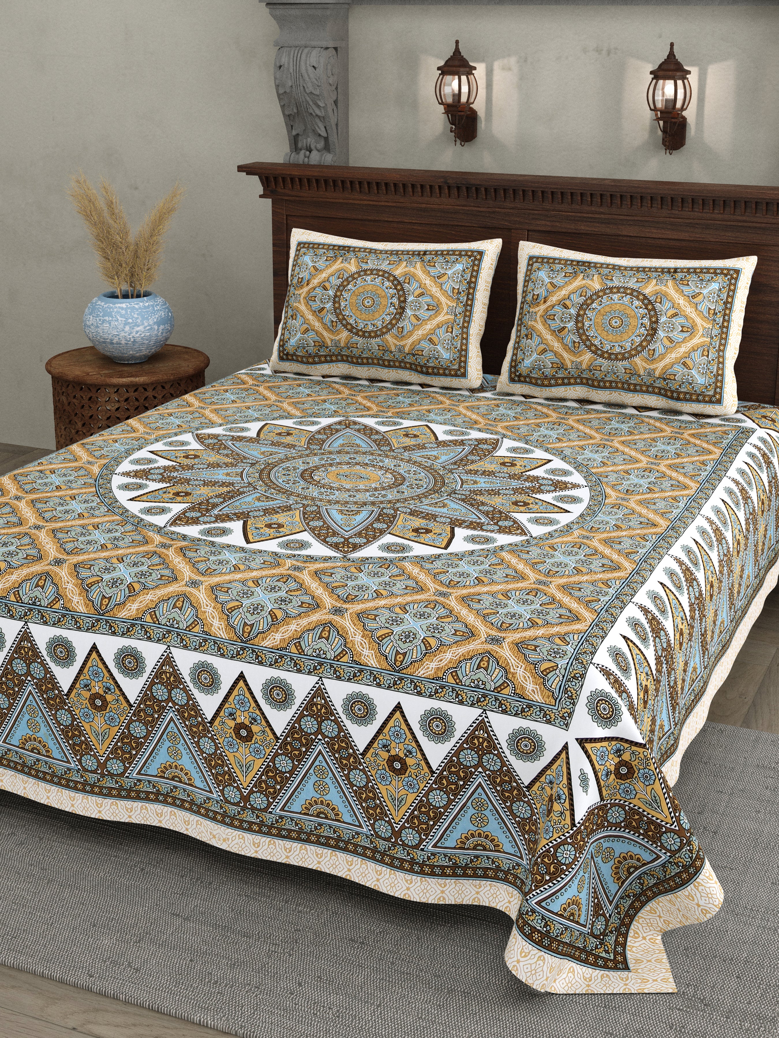 Mandala Art Cotton Bedsheet – Sky & Ochre Palace Mosaic