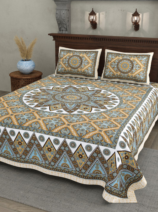 Mandala Art Cotton Bedsheet – Sky & Ochre Palace Mosaic