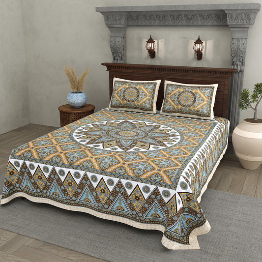 Mandala Art Cotton Bedsheet – Sky & Ochre Palace Mosaic