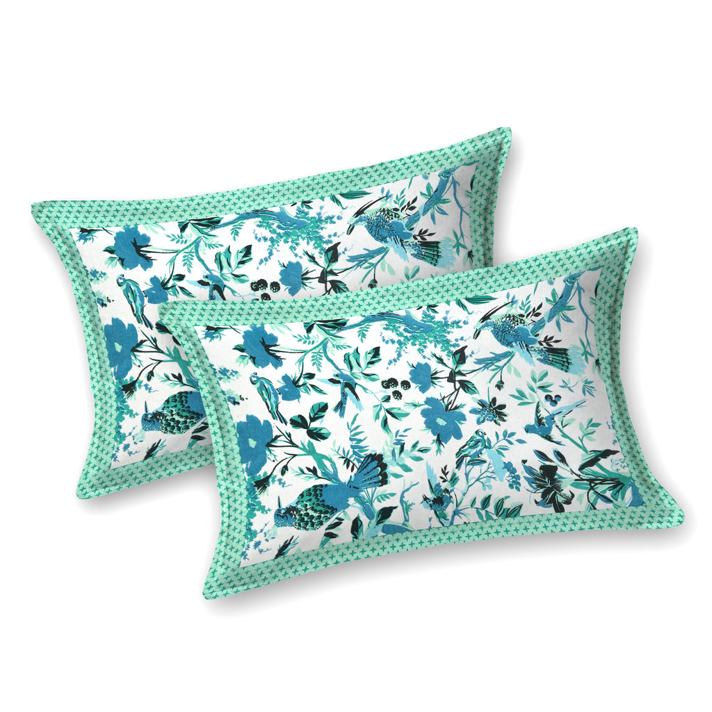 Blue bird Cotton Bedsheet – Aqua Green Border