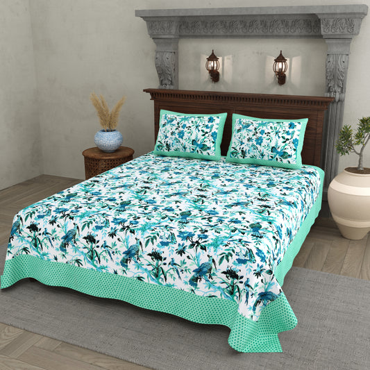 Blue Peacock Cotton Bedsheet – Aqua Green Border