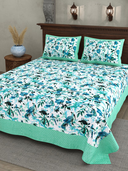 Blue Peacock Cotton Bedsheet – Aqua Green Border