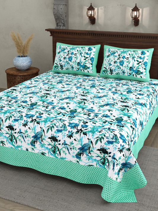 Blue Peacock Cotton Bedsheet – Aqua Green Border