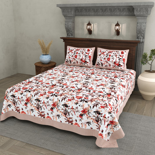Red Floral Peacock Cotton Bedsheet – Beige Polka Border