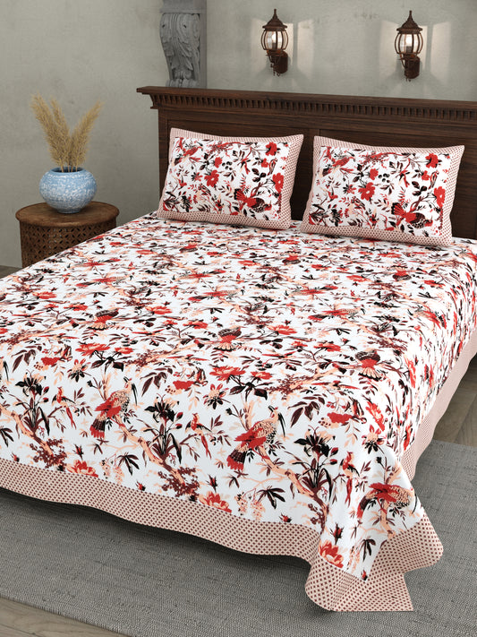 Red Floral Peacock Cotton Bedsheet – Beige Polka Border