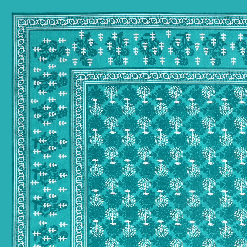Jaipuri Floral Buti Cotton Bedsheet – Teal Lagoon Charm