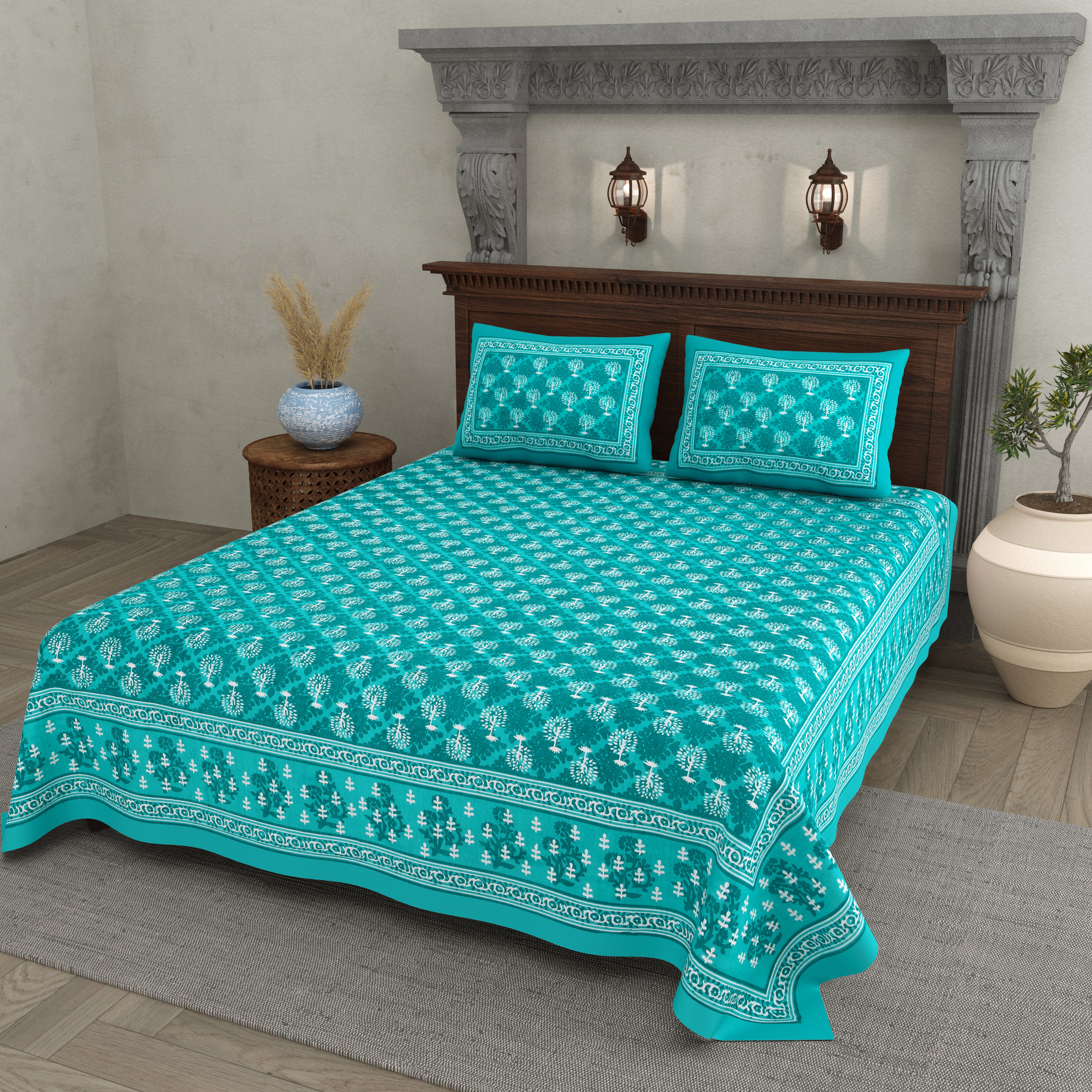 Jaipuri Floral Buti Cotton Bedsheet – Teal Lagoon Charm