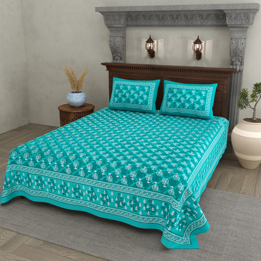 Jaipuri Floral Buti Cotton Bedsheet – Teal Lagoon Charm