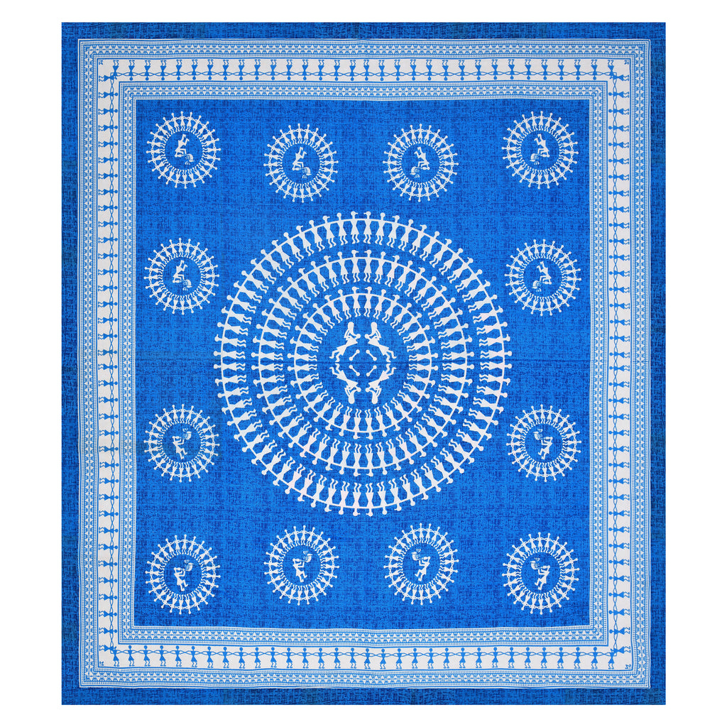 Blue Warli Art Cotton Bedsheet – Tribal Dance Print