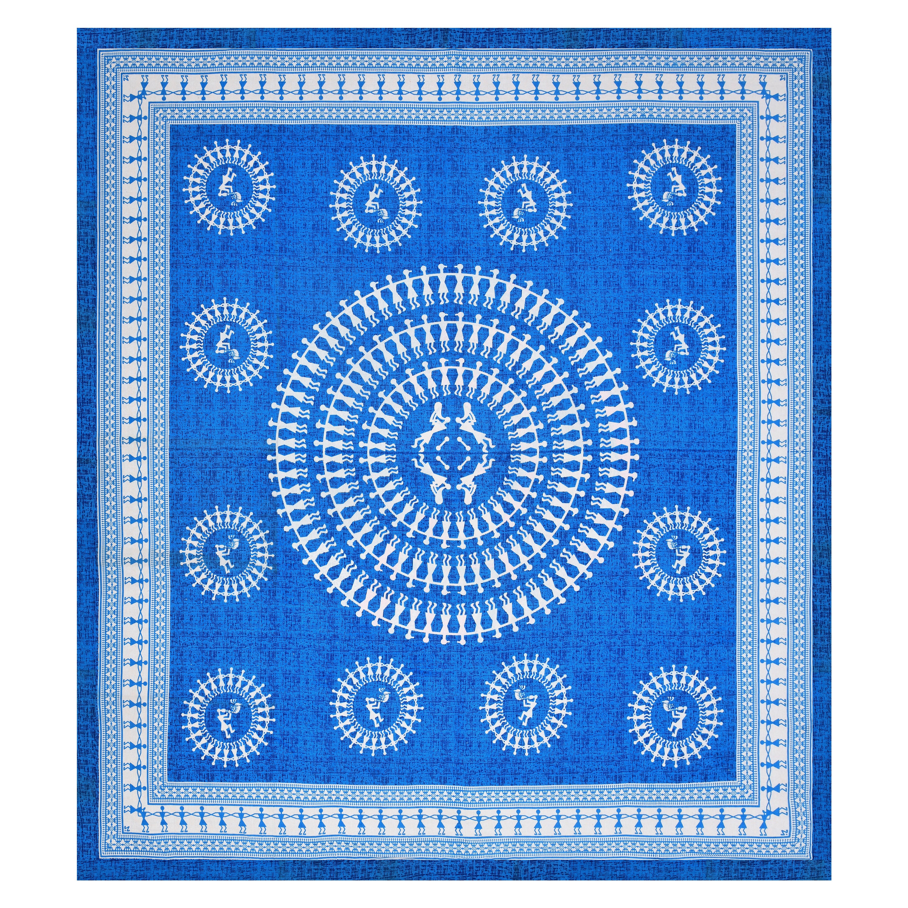 Blue Warli Art Cotton Bedsheet – Tribal Dance Print