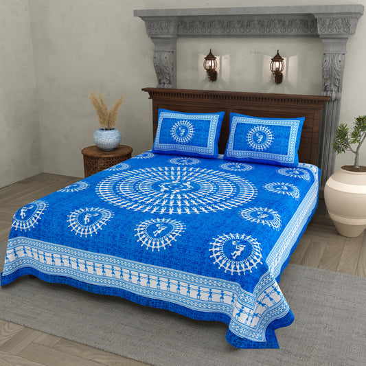 Blue Warli Art Cotton Bedsheet – Tribal Dance Print