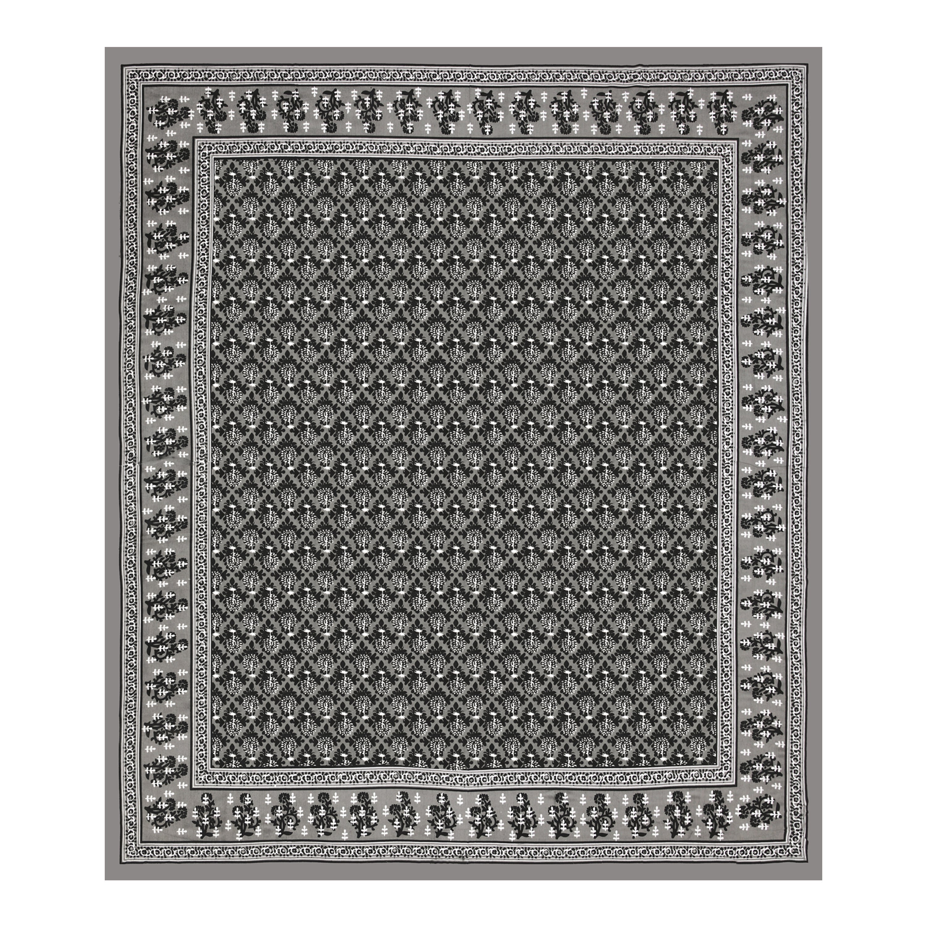 Jaipuri Floral Buti Cotton Bedsheet – Black & Grey Monochrome Elegance