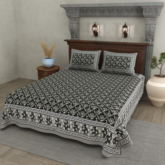 Jaipuri Floral Buti Cotton Bedsheet – Black & Grey Monochrome Elegance