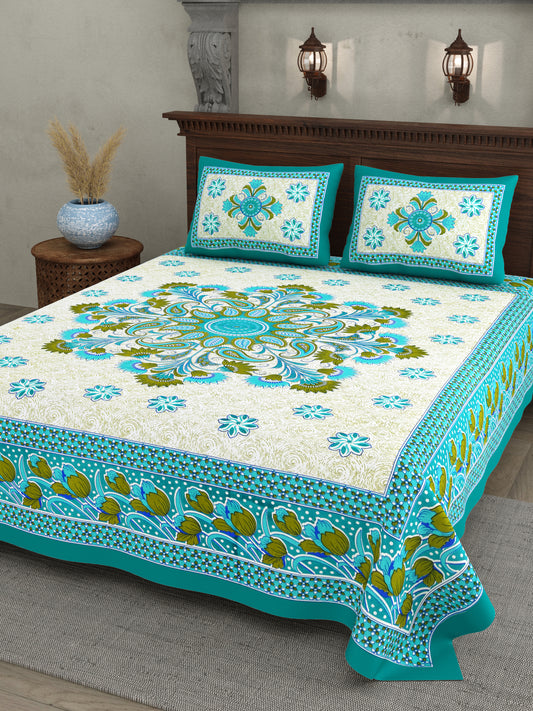 Royal Bloom Cotton Bedsheet – Turquoise Green