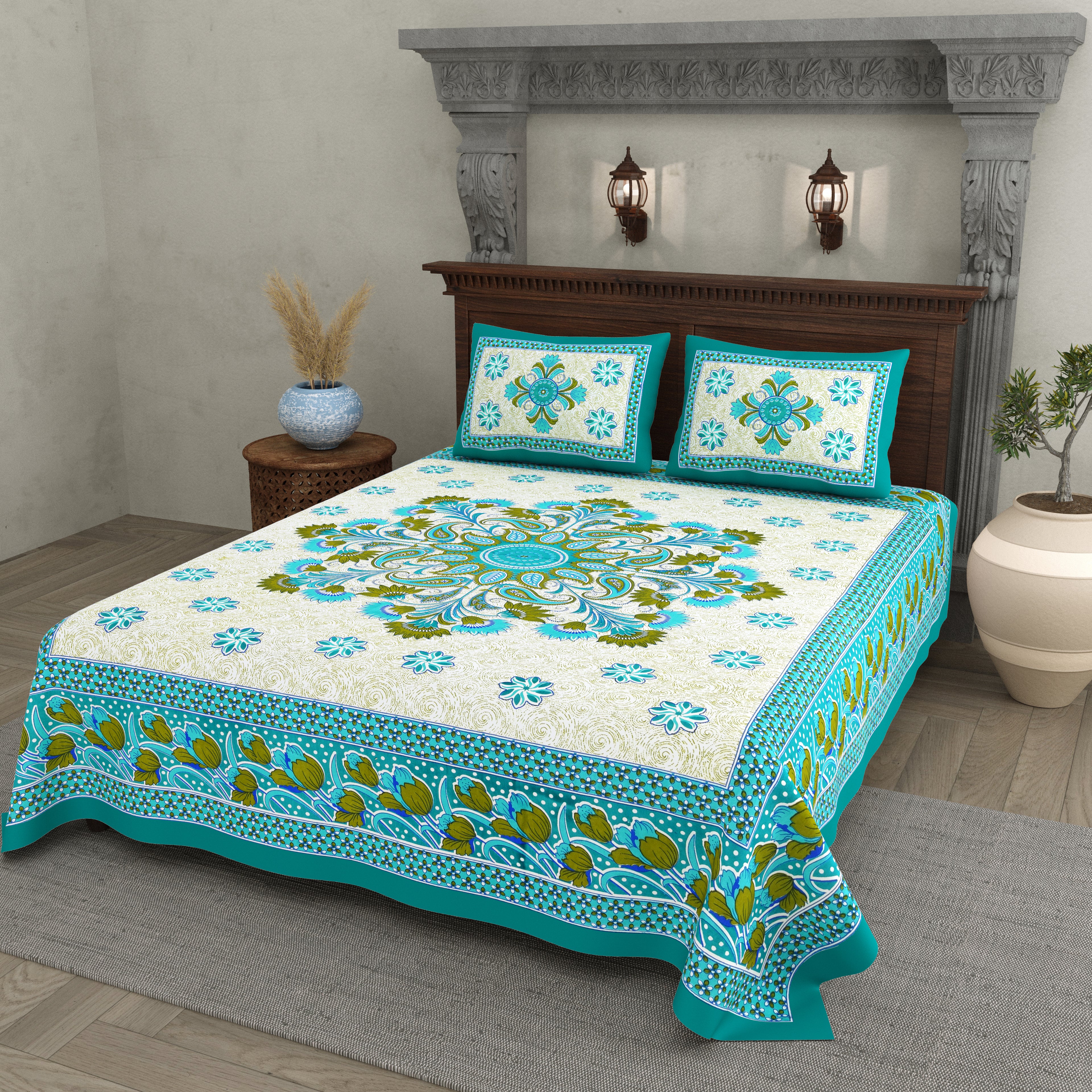 Royal Bloom Cotton Bedsheet – Turquoise Green