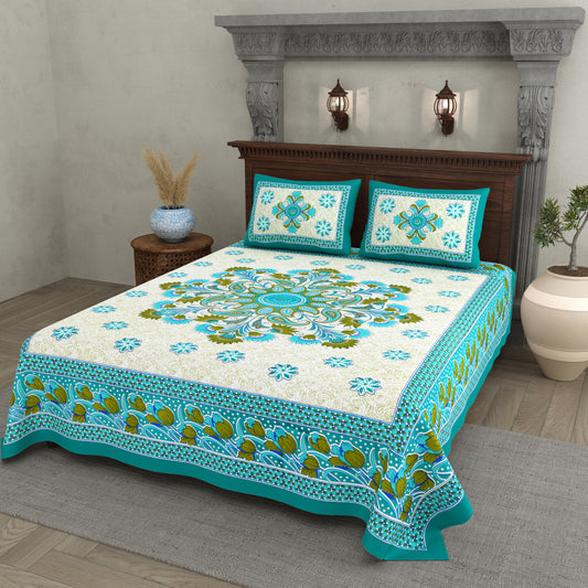 Royal Bloom Cotton Bedsheet – Turquoise Green