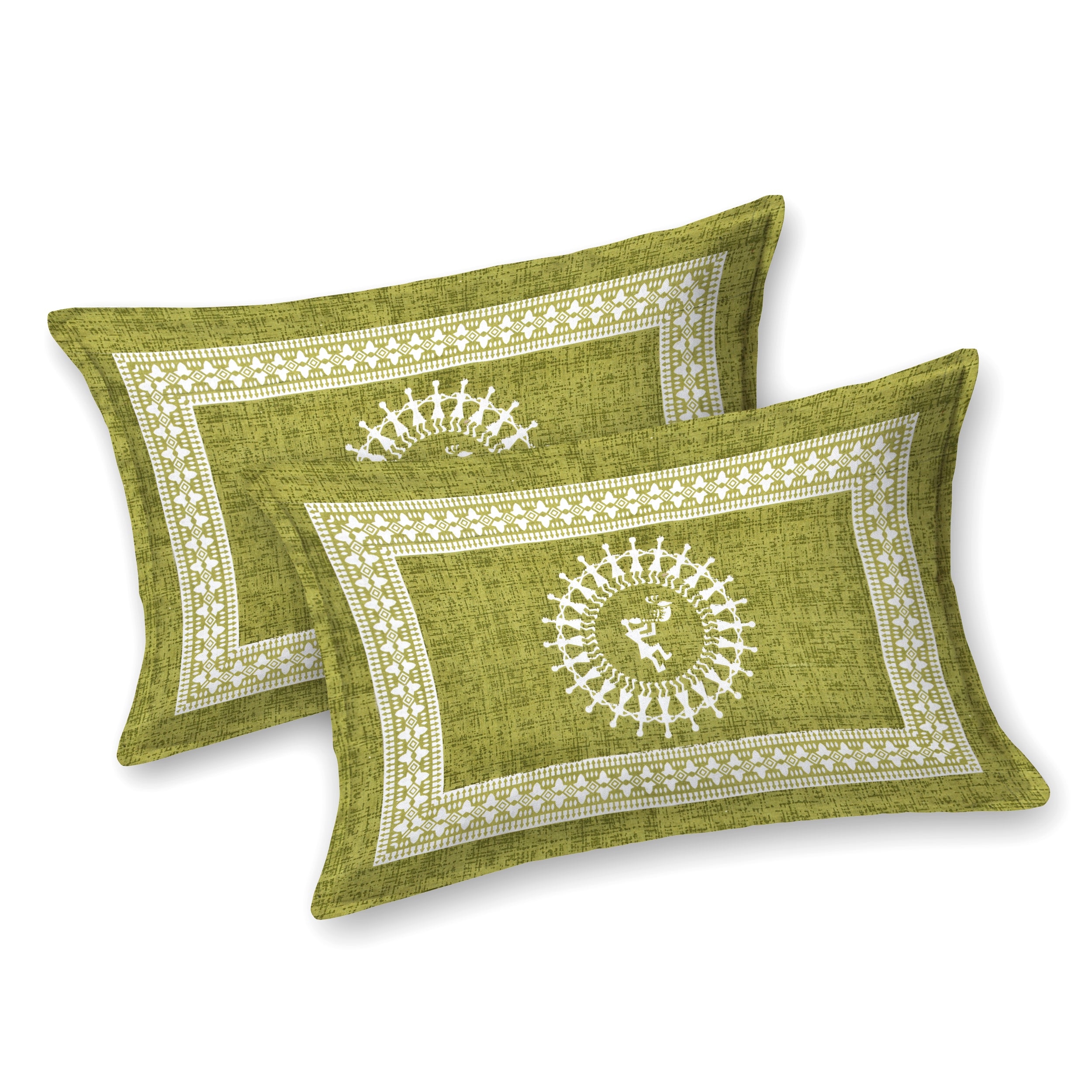 Green Warli Cotton Bedsheet – Tribal Dance Folk Art