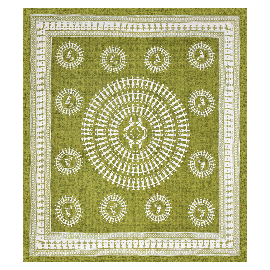 Green Warli Cotton Bedsheet – Tribal Dance Folk Art