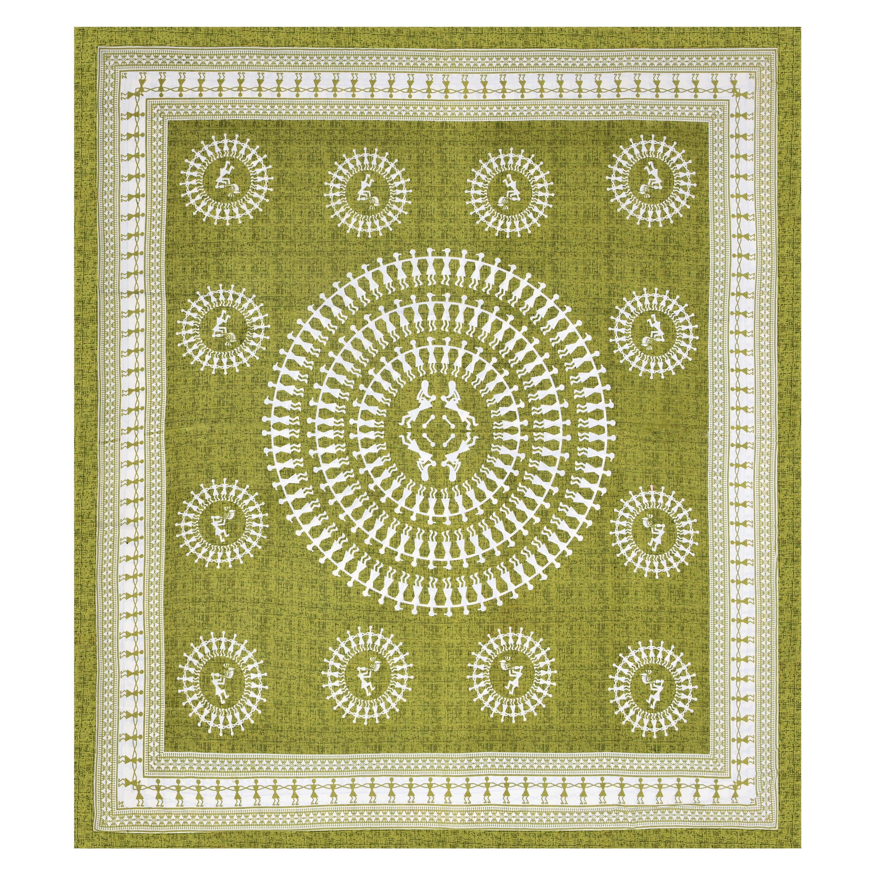 Green Warli Cotton Bedsheet – Tribal Dance Folk Art