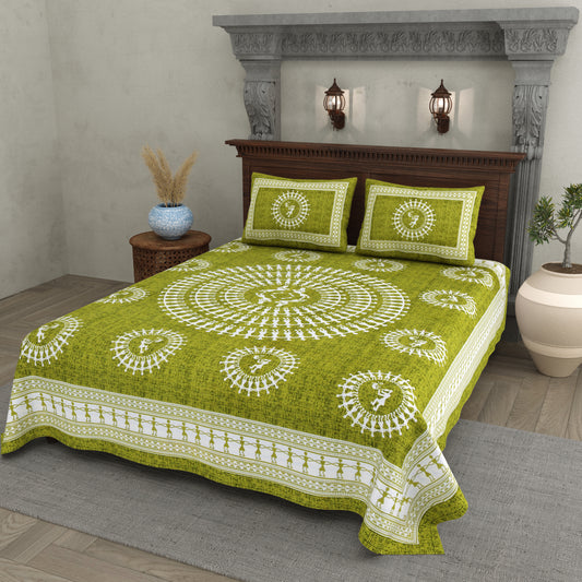 Green Warli Cotton Bedsheet – Tribal Dance Folk Art