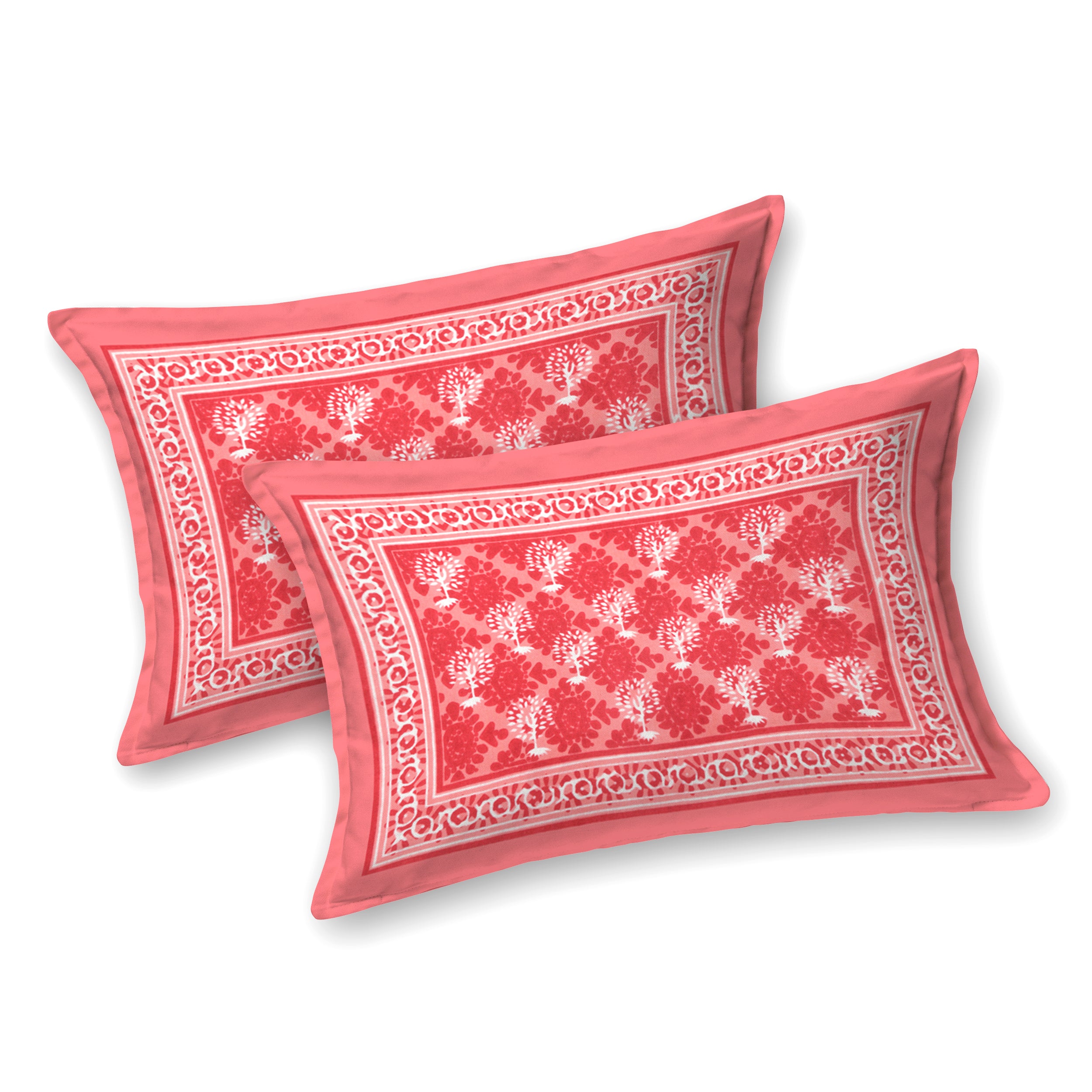 Jaipuri Floral Buti Cotton Bedsheet – Coral Red Blossom