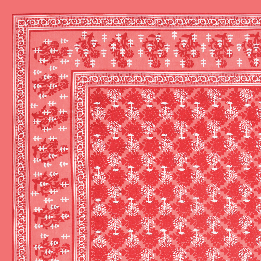 Jaipuri Floral Buti Cotton Bedsheet – Coral Red Blossom