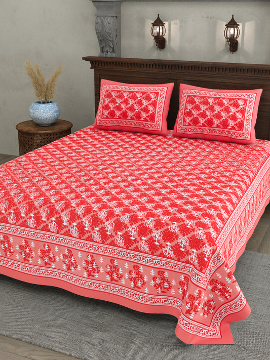 Jaipuri Floral Buti Cotton Bedsheet – Coral Red Blossom