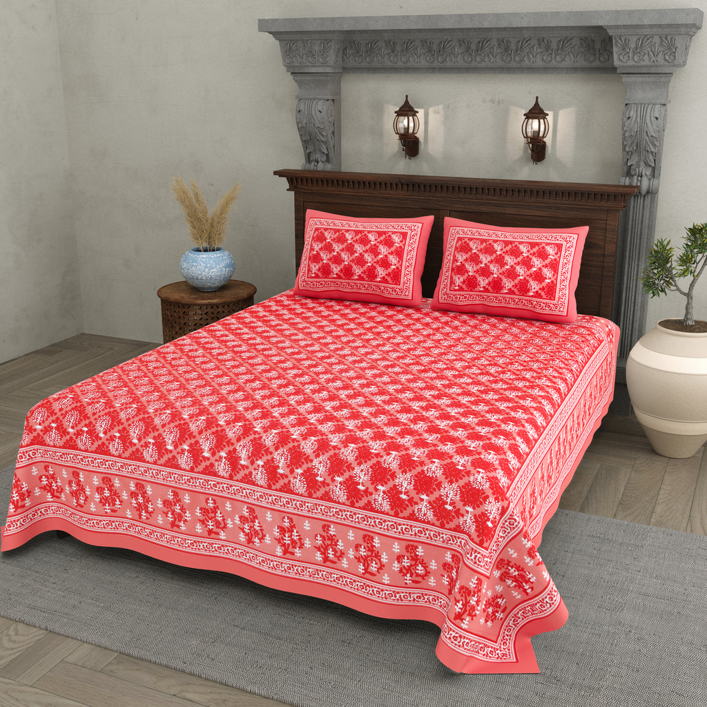 Jaipuri Floral Buti Cotton Bedsheet – Coral Red Blossom